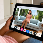 **

A person comfortably sitting on their couch at home, using a tablet to virtually try on a stylish dress. Augmented reality overlays the dress onto their image on the screen. The background shows a cozy living room setting.  Focus on showcasing the convenience and personalization of virtual try-on.

**