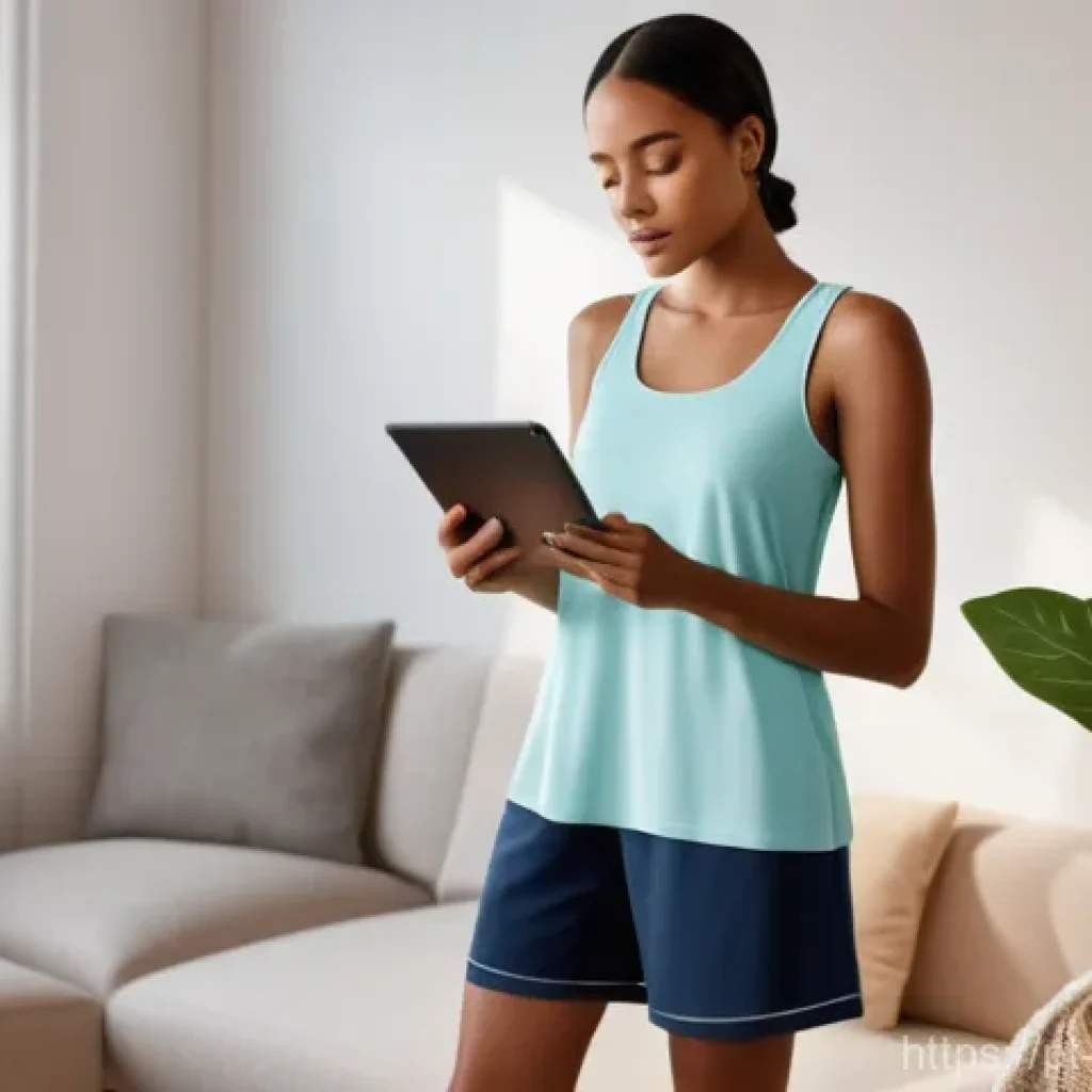 가상 피팅 서비스의 혁신을 위한 아이디어 기획 - **Prompt 1: Personalized Virtual Try-On at Home**
A young woman, wearing a sleek, form-fitting b...