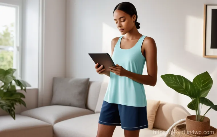 가상 피팅 서비스의 혁신을 위한 아이디어 기획 - **Prompt 1: Personalized Virtual Try-On at Home**
A young woman, wearing a sleek, form-fitting b...