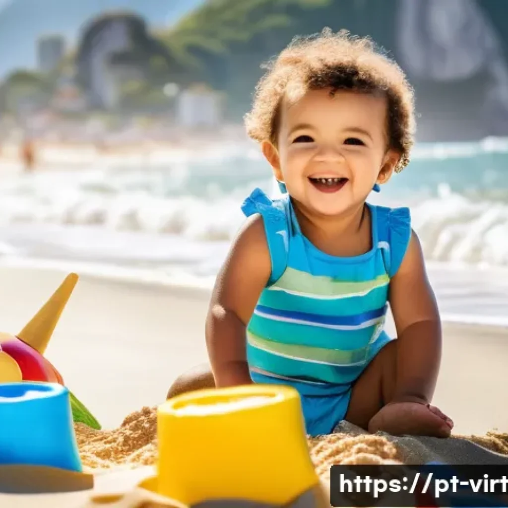 가상 피팅 서비스의 고객 충성도 구축 전략 - **Prompt:** "A toddler happily playing on a sunny beach in Rio de Janeiro, wearing a brightly colore...