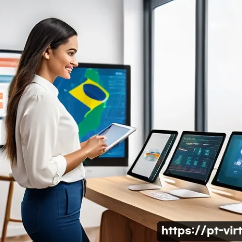 Home 32 가상 피팅 서비스의 고객 피드백 활용 전략 - A modern, vibrant digital workspace showcasing a diverse team of Brazilian professionals analyzing u...