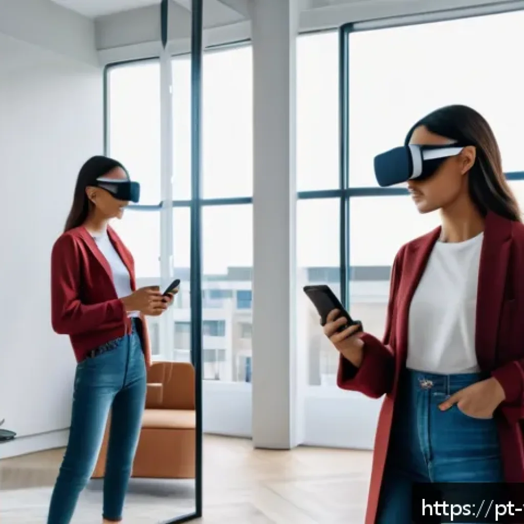 가상 피팅 서비스의 성장 가능성 분석 - A modern young woman using a smartphone to try on virtual clothing through augmented reality; she is...