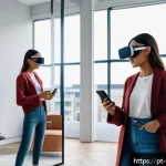 Home 19 가상 피팅 서비스의 성장 가능성 분석 - A modern young woman using a smartphone to try on virtual clothing through augmented reality; she is...