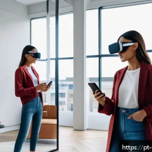 Home 31 가상 피팅 서비스의 성장 가능성 분석 - A modern young woman using a smartphone to try on virtual clothing through augmented reality; she is...