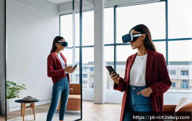 가상 피팅 서비스의 성장 가능성 분석 - A modern young woman using a smartphone to try on virtual clothing through augmented reality; she is...