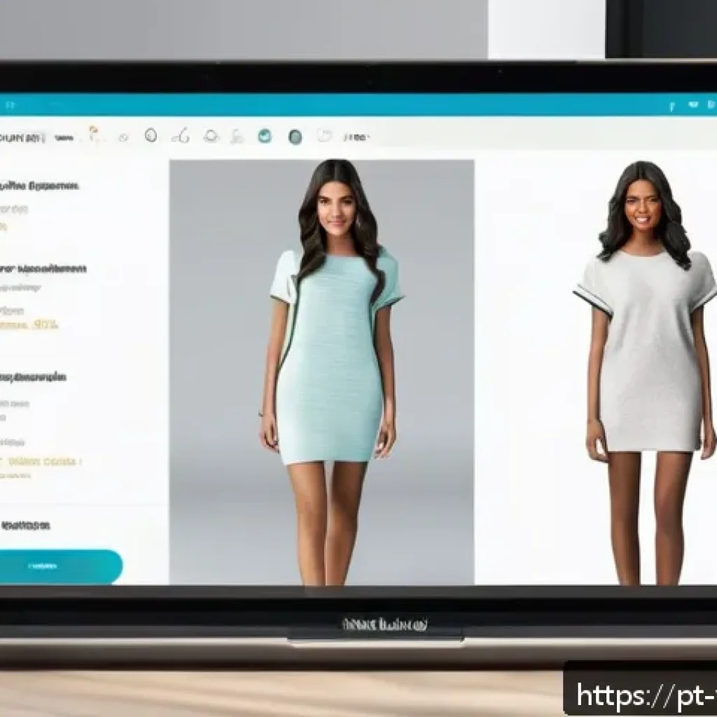 가상 피팅 서비스의 경쟁 분석 방법 - A modern virtual fitting room interface displayed on a sleek laptop screen in a cozy home environmen...