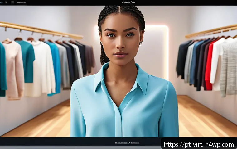 가상 피팅 서비스의 데이터 분석 활용법 - A modern virtual fitting room scene inside a sleek online fashion store interface, showcasing a dive...