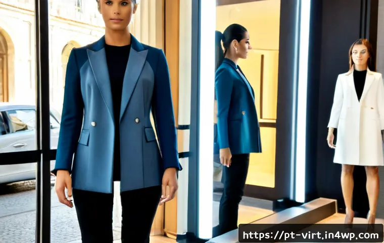 Home 17 가상 피팅 서비스와 AR 기술의 관계 - Photorealistic modern fashion boutique in Lisbon, a Portuguese woman using a full-length smart mirro...